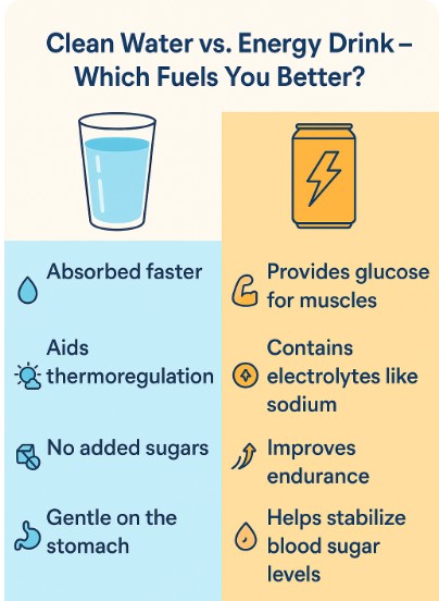 fluid balance - infographic of drinking water vs energy drink