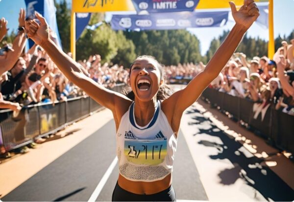 Set Running Goals - Emotional race finish photo woman with cheering spectators
