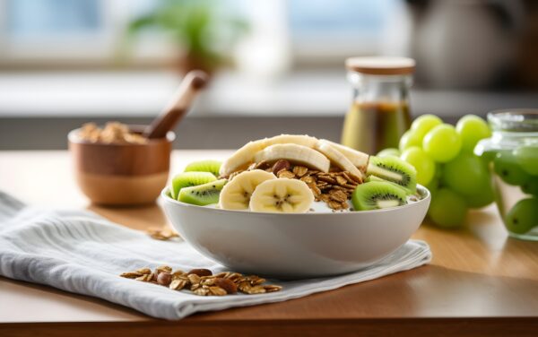a runners diet - delicious breakfast bowl with banana and assortment of fruits