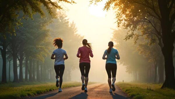 how to start running - three beginner runners jogging together in the early morning