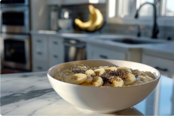 marathon runner diet - a bowl of oatmeal is beautifully arranged with sliced bananas and chia seed