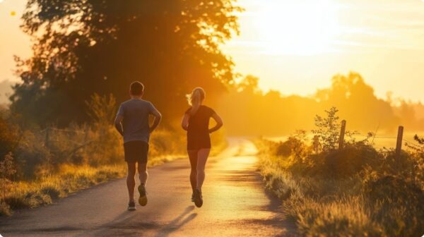 marathon training plan - Couple going for a morning run together in the early sunrise.