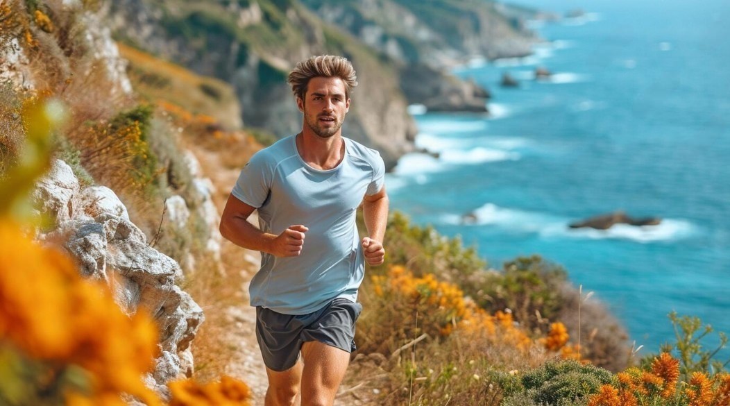 Endurance training - man running by the seashore on a sunny rocky trail 
