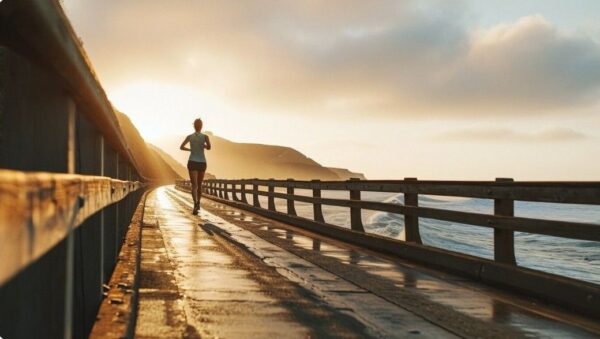 endurance running - Woman cross a brigge along the ocean