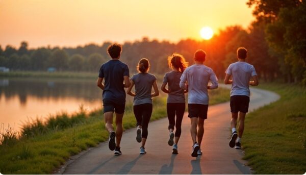 endurance running - a small group of young people running against the sunset
