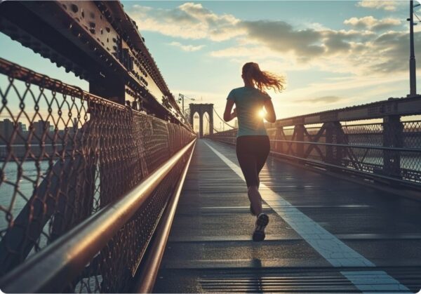 proper running form - woman crossing a bridge running against the sunrise