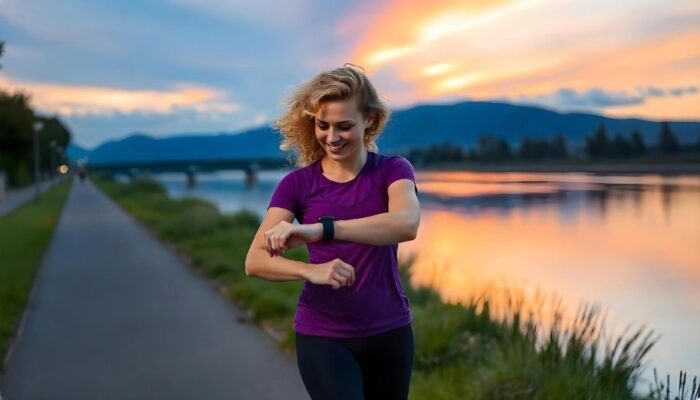 Woman checking smartwatch before a long run
