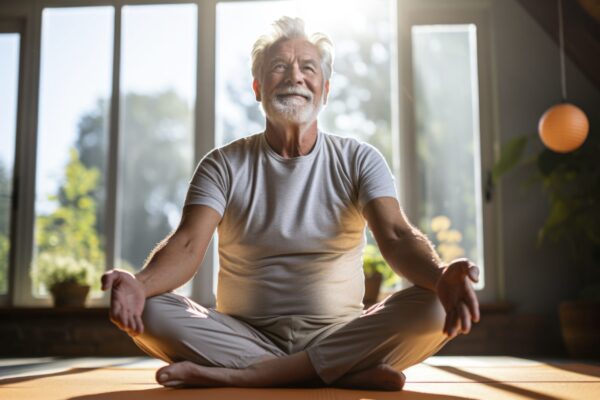 Old man doing yoga indoor