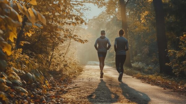 marathon training as therapy for depression – runners at sunrise in forest